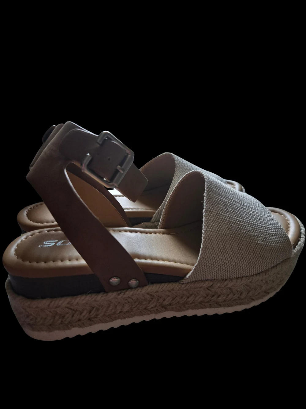 Soda Clip Women's Beige Canvas Cognac Ankle Strap Espadrille Wedge Sandals Sz 6